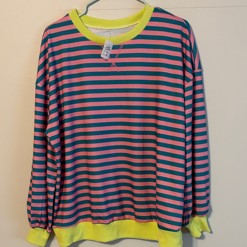 Boutique brand: Striped Pink and teal crew neck Sweatshirt. Green accent. Small
